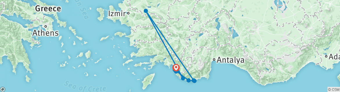 Image of a map showing the route of the tour