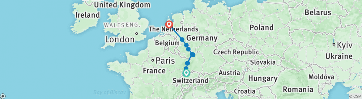 Image of a map showing the route of the tour