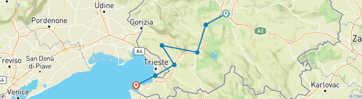 Image of a map showing the route of the tour