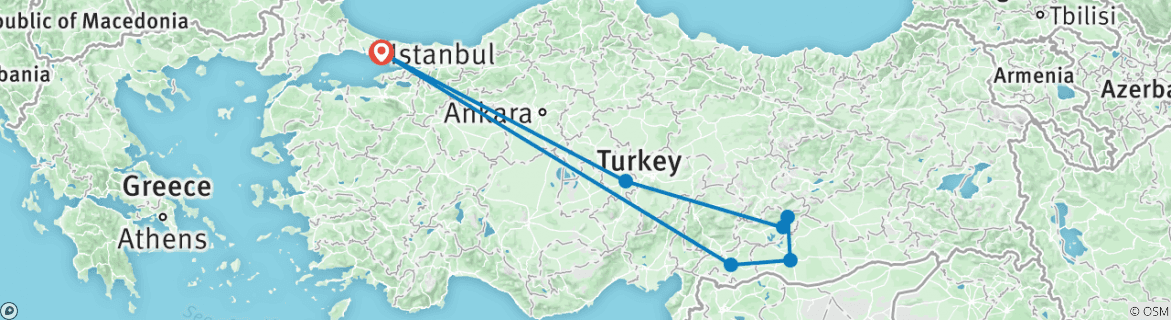 Image of a map showing the route of the tour