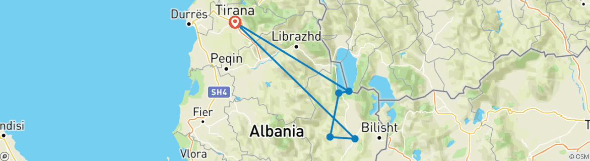 Image of a map showing the route of the tour