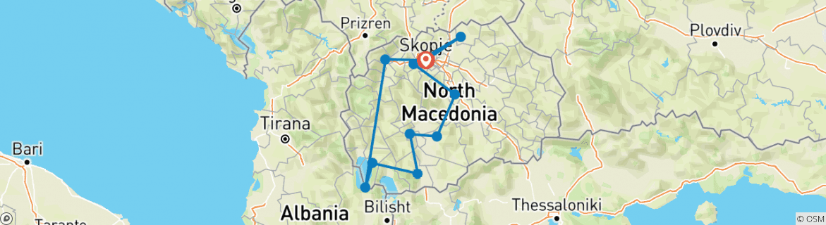 Image of a map showing the route of the tour