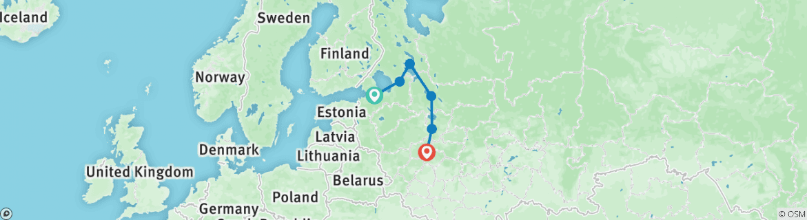 Image of a map showing the route of the tour