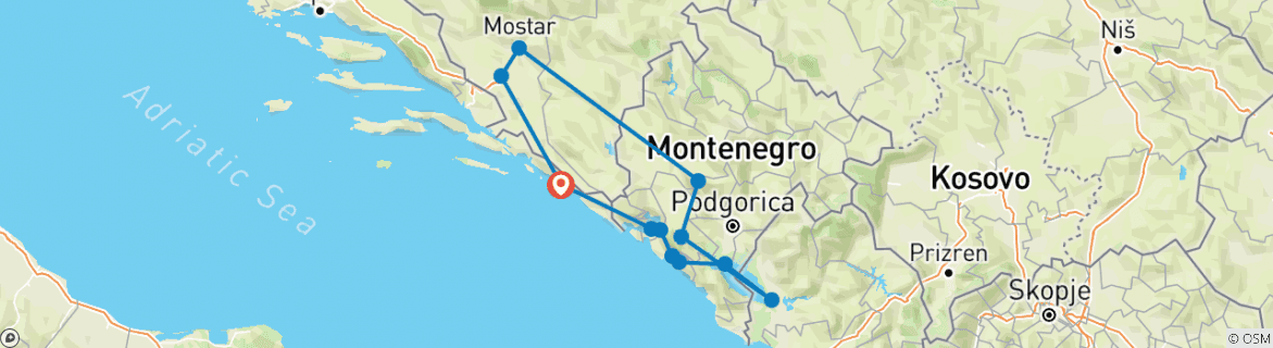 Image of a map showing the route of the tour