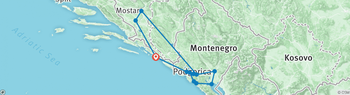 Image of a map showing the route of the tour