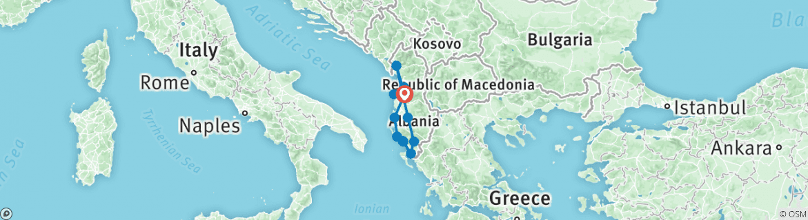 Image of a map showing the route of the tour