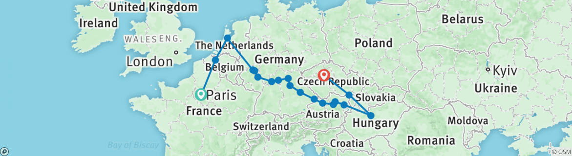Image of a map showing the route of the tour