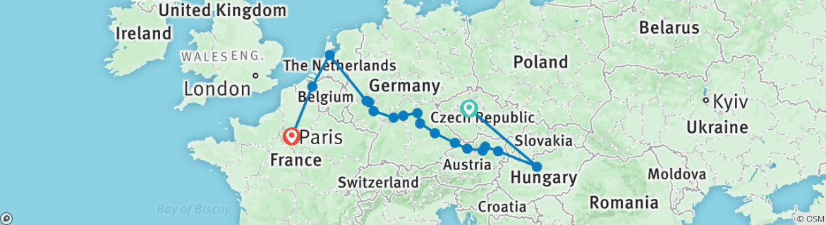 Image of a map showing the route of the tour