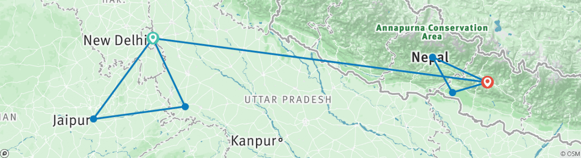 Image of a map showing the route of the tour