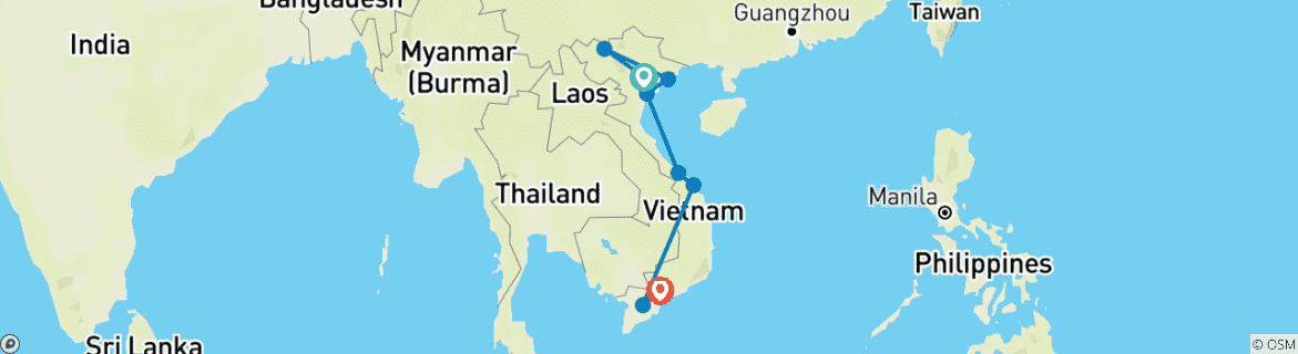 Image of a map showing the route of the tour