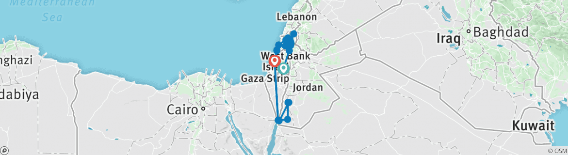 Image of a map showing the route of the tour