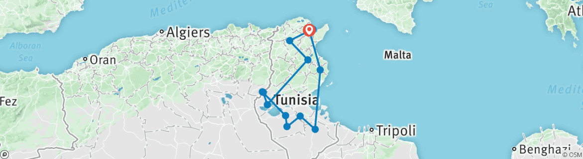 Image of a map showing the route of the tour