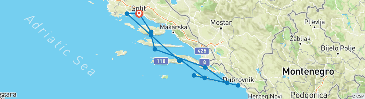 Image of a map showing the route of the tour