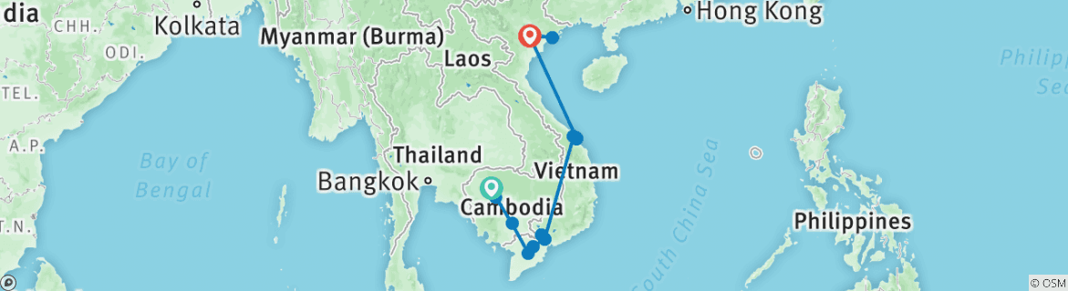 Image of a map showing the route of the tour