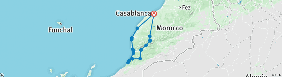 Image of a map showing the route of the tour