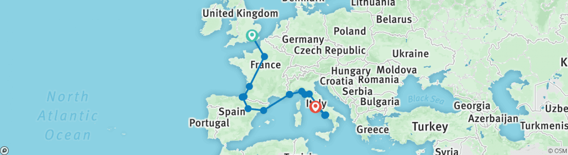 Image of a map showing the route of the tour