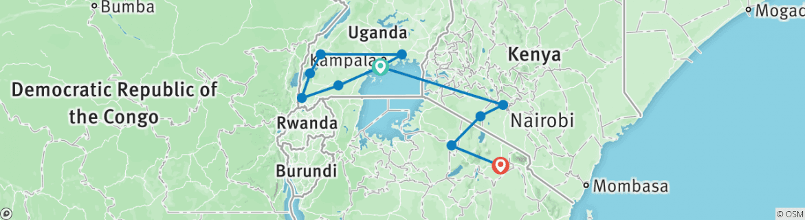 Image of a map showing the route of the tour