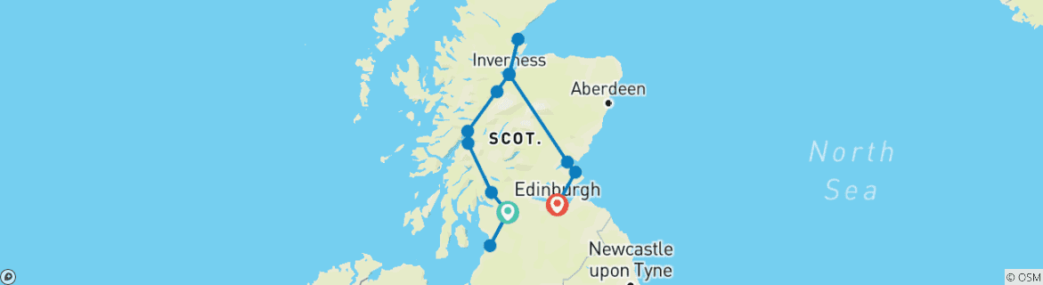 Image of a map showing the route of the tour