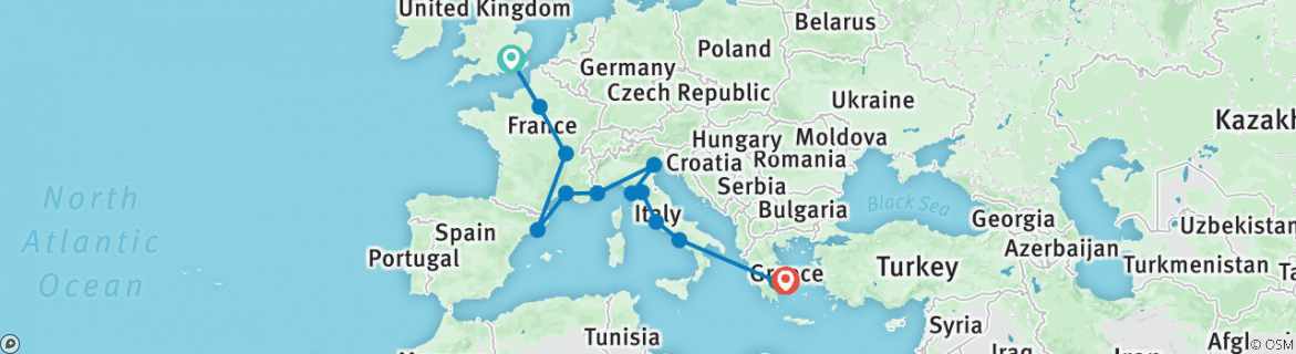 Image of a map showing the route of the tour