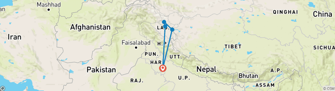 Image of a map showing the route of the tour