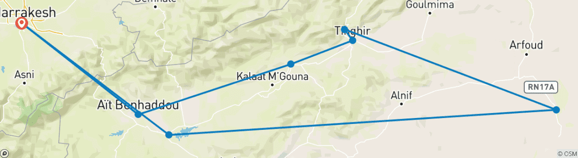 Image of a map showing the route of the tour