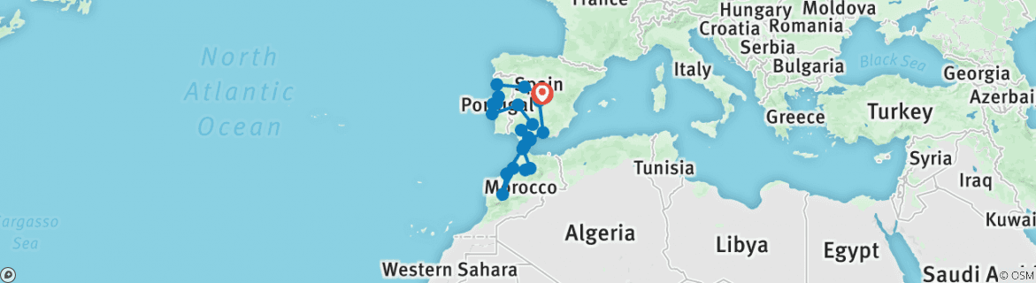 Image of a map showing the route of the tour