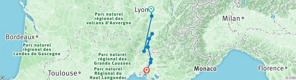 Image of a map showing the route of the tour