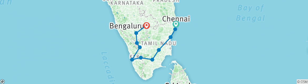 Image of a map showing the route of the tour