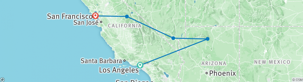 Image of a map showing the route of the tour