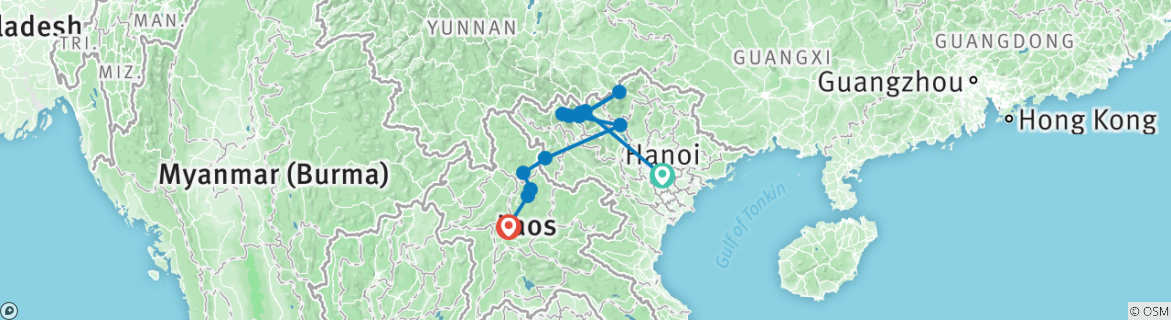 Image of a map showing the route of the tour