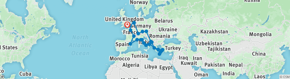 Image of a map showing the route of the tour