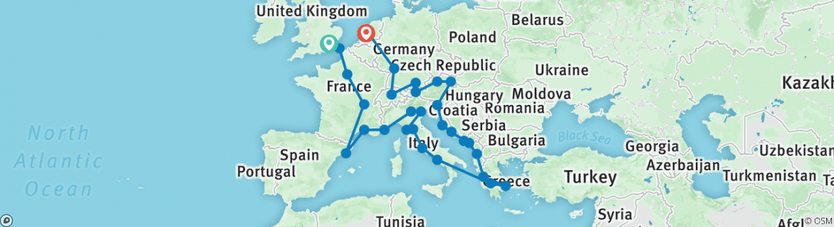 Image of a map showing the route of the tour