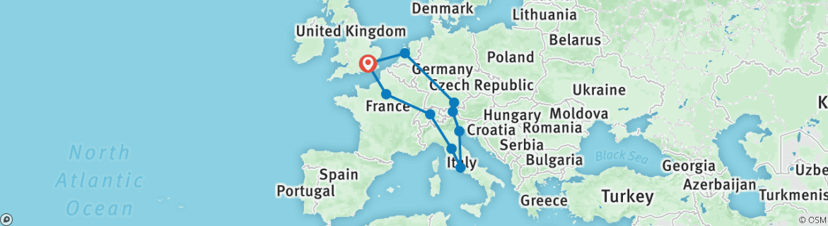 Image of a map showing the route of the tour
