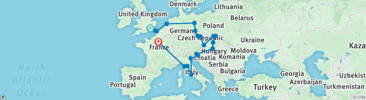 Image of a map showing the route of the tour