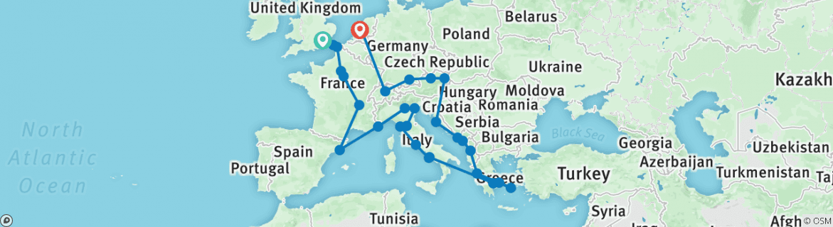 Image of a map showing the route of the tour