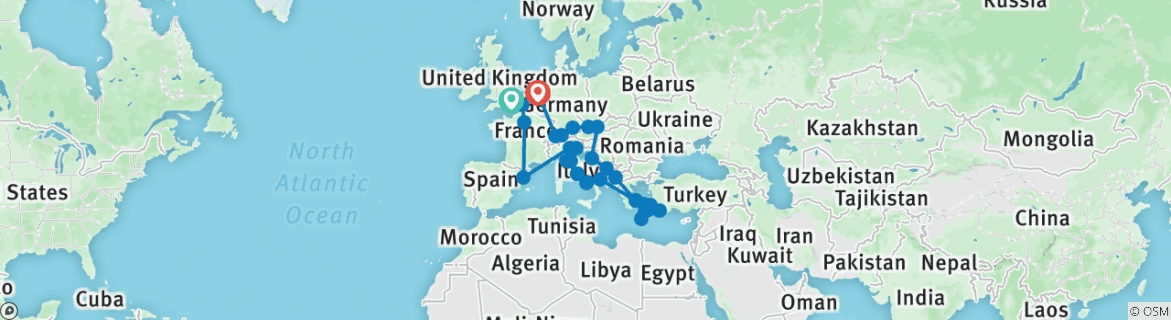 Image of a map showing the route of the tour