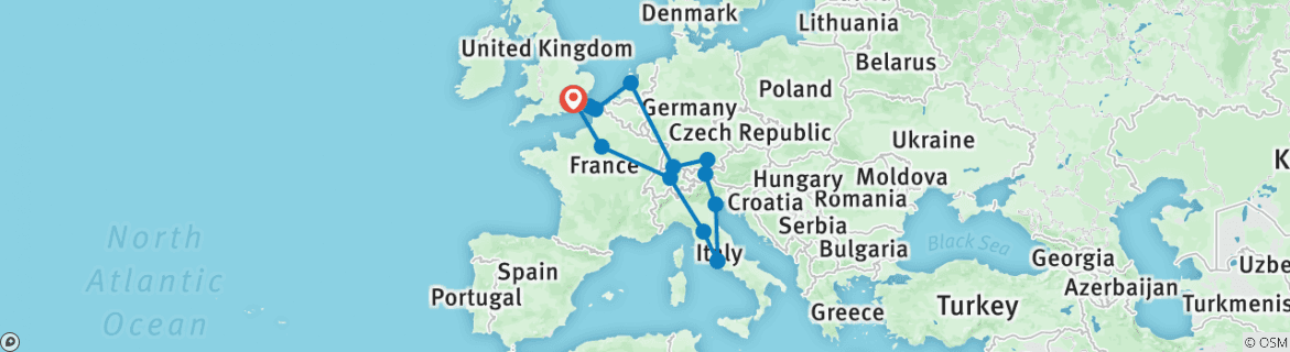 Image of a map showing the route of the tour