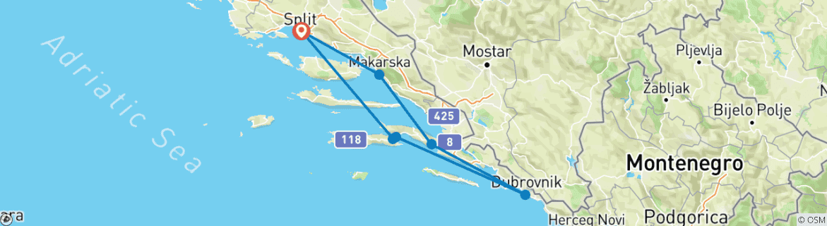 Image of a map showing the route of the tour
