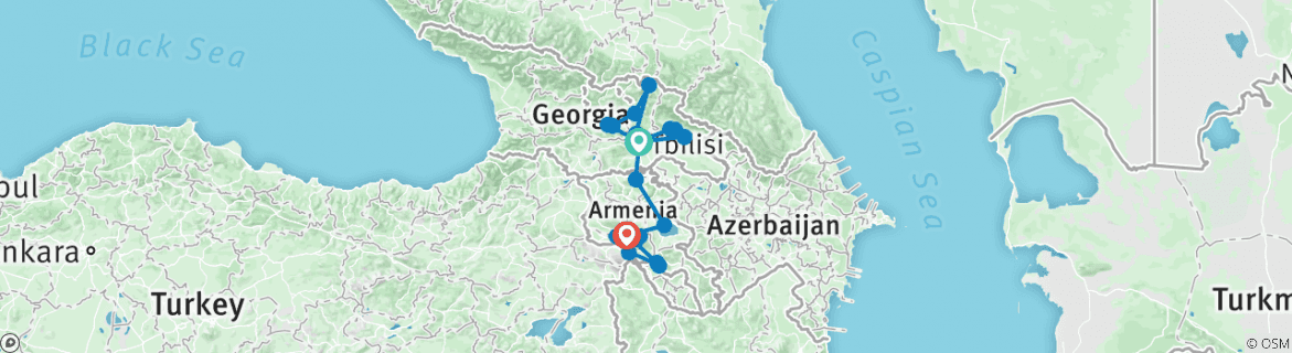 Image of a map showing the route of the tour