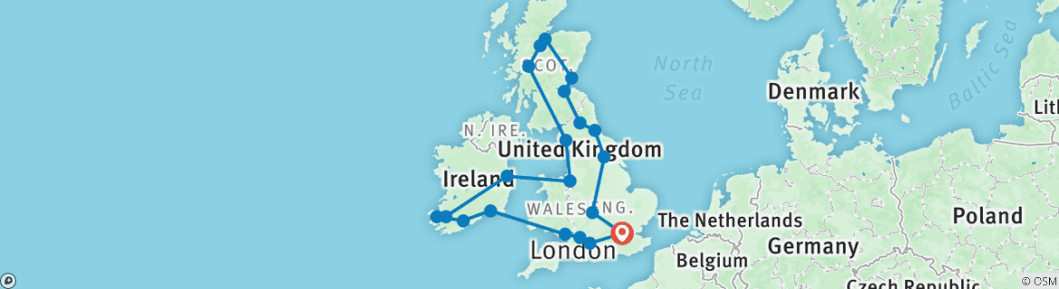 Image of a map showing the route of the tour