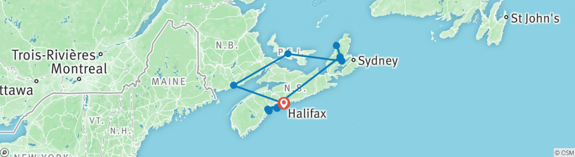 Image of a map showing the route of the tour