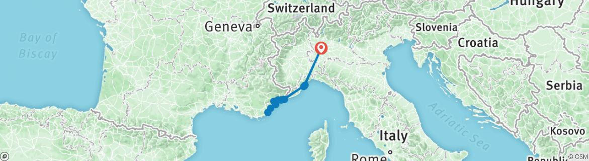 Image of a map showing the route of the tour