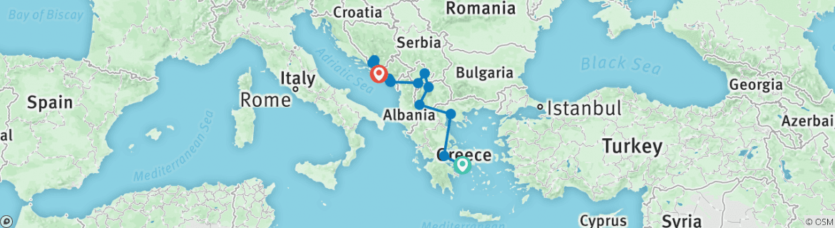 Image of a map showing the route of the tour