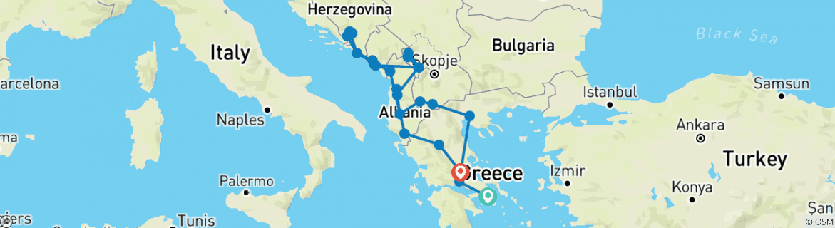 Image of a map showing the route of the tour