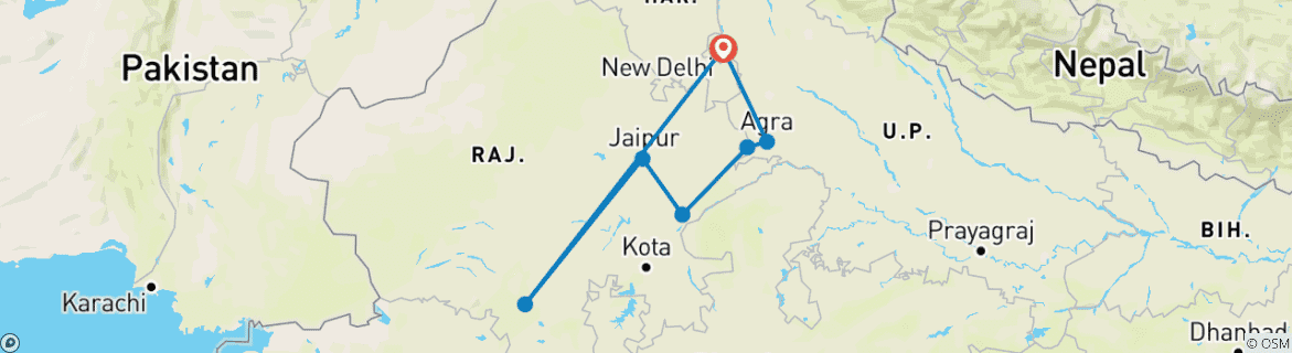 Image of a map showing the route of the tour