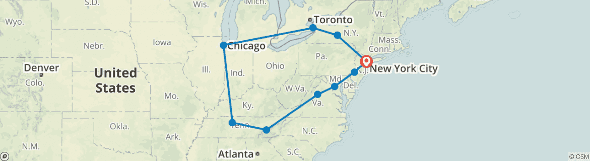 Image of a map showing the route of the tour