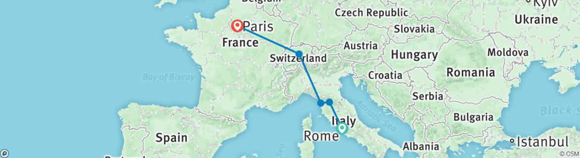 Image of a map showing the route of the tour