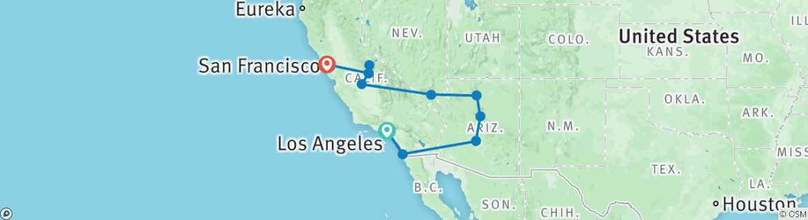 Image of a map showing the route of the tour