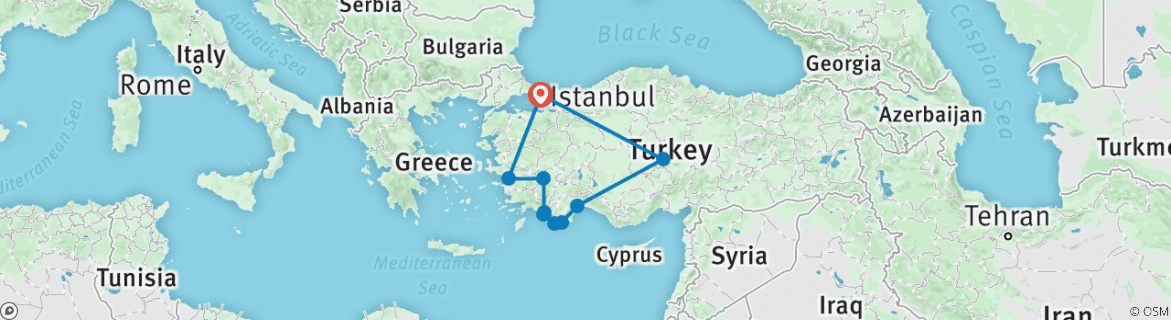Image of a map showing the route of the tour