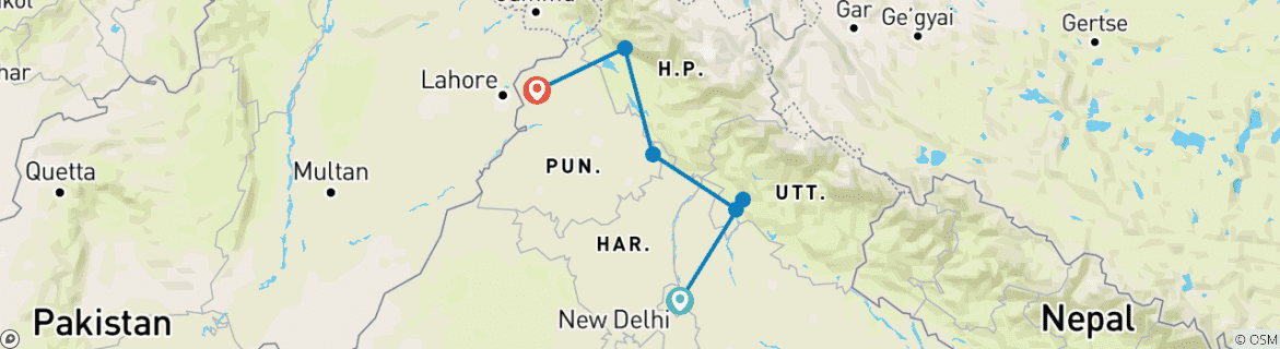 Image of a map showing the route of the tour